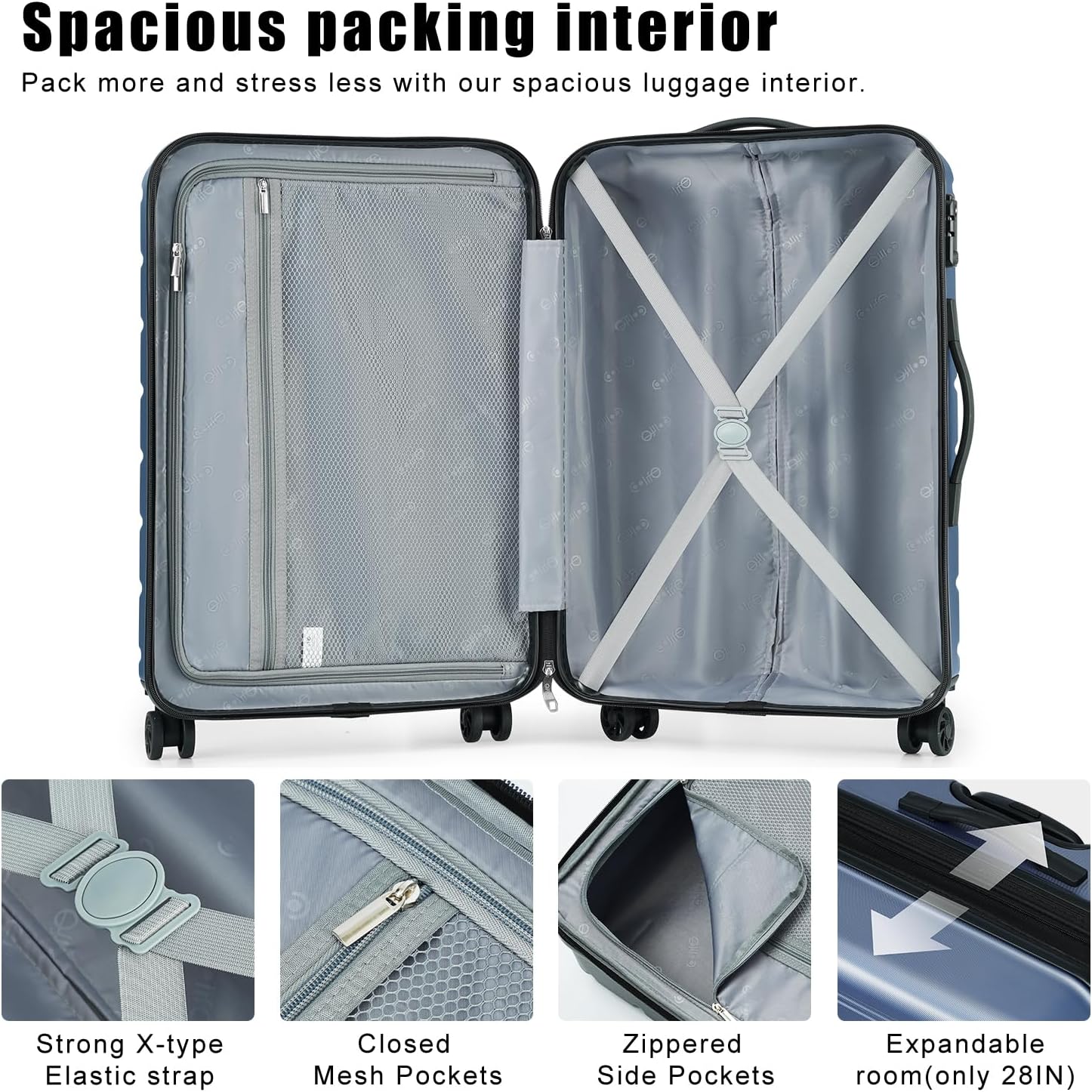 Coolife Luggage Suitcase Carry-on Spinner TSA Lock USB Port Expandable (only 28’’) Lightweight Hardside Luggage (Ice Blue, 3 piece set)