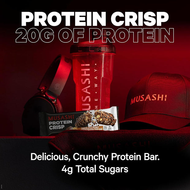 MUSASHI Protein Crisp Bar, 20g Protein, 4g Total Sugars, Chocolate & Peanut, Post Workout and Snack On The Go, 12 Pack of 2.1oz (60g) Bars