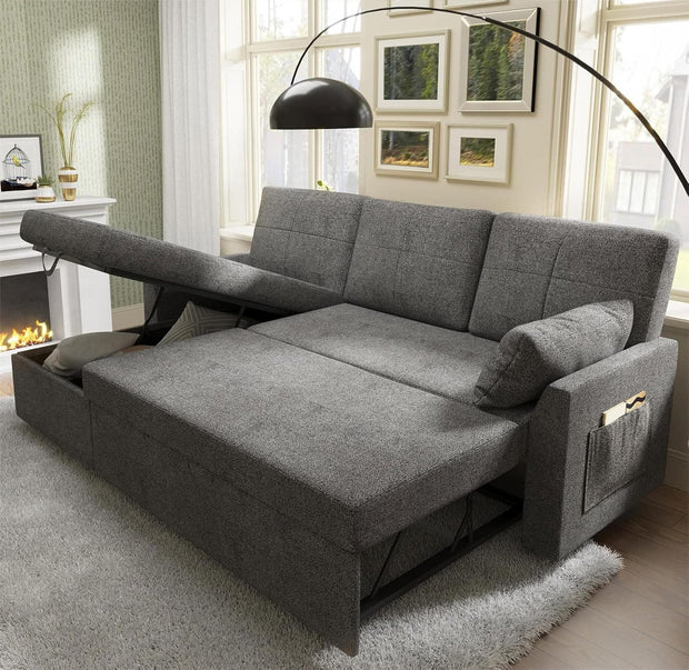 VanAcc Sleeper Sofa, Sofa Bed- 2 in 1 Pull Out Couch Bed with Storage Chaise, Sleeper Couch for Living Room, Grey Linen