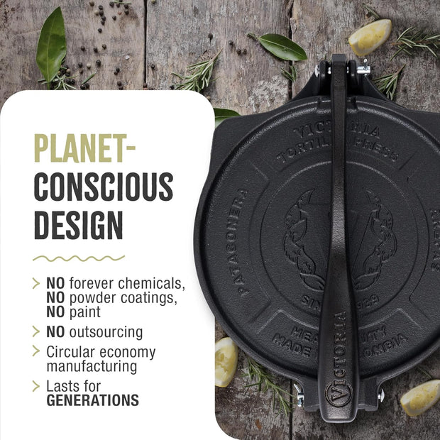 Victoria 8 Inches Cast Iron Tortilla Press, Roti Maker and Tortilladora, Pataconera Seasoned with Flaxseed Oil, Made in Colombia