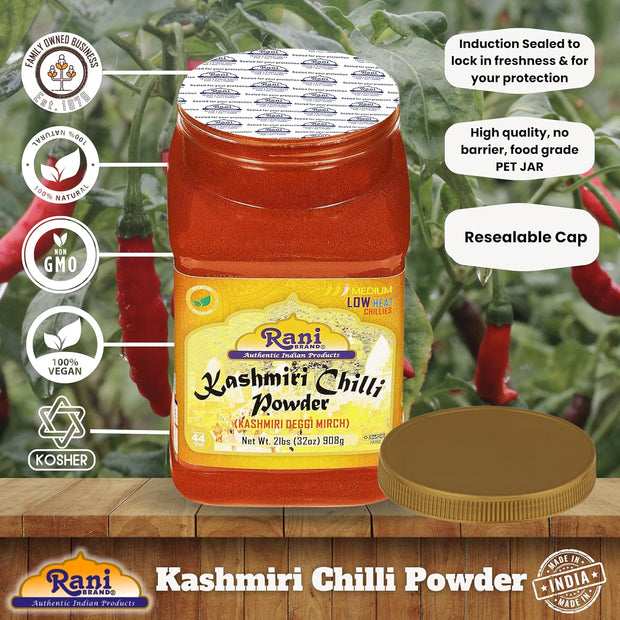 Rani Kashmiri Chilli Powder (Deggi Mirch, Low Heat) Ground Indian Spice 16oz (1lb) 454g PET Jar ~ All Natural | Salt-Free | Vegan | Kosher | Gluten Friendly