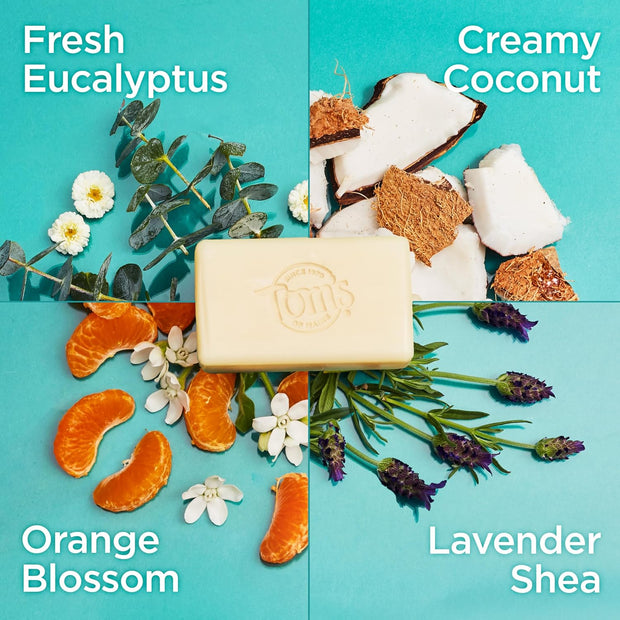 Tom's of Maine Bar Soap Variety Pack, Natural Bar Soap for Women and Men, Lavender & Shea, Fresh Eucalyptus, Creamy Coconut, Orange Blossom, 5 oz Bars (4-Pack)