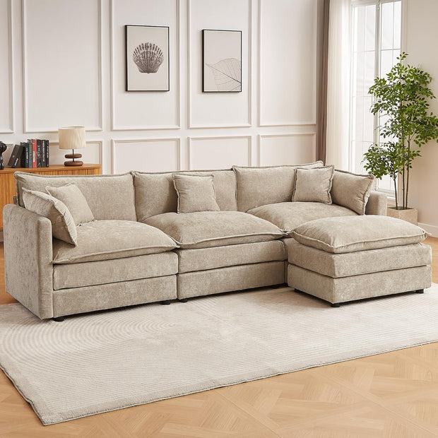 Modular Sectional Sofa, 112.2 Inch L Shaped Couch Set with Armrests, 3-Seater Comfy Cloud Couches with Movable Ottoman for Living Room Apartment, Coffee with 1 Ottoman