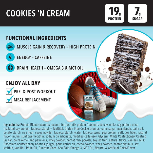 JiMMYBAR! - Cookies N Cream Protein Bars 19g Protein Bar - 7g Low Sugar - 12 Count - 58g Health Bars - Functional Snack with Real Food Ingredients - Hand-Drizzled Chocolate - Made With Real Peanuts