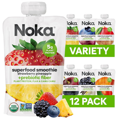 Noka Superfood Smoothie Pouches Variety Pack – Organic Fruit Blends with Plant Protein & Prebiotic Fiber, Wholesome Vegan Snack, 4.22 oz (12 Count)