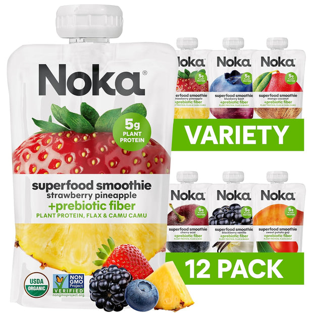 Noka Superfood Smoothie Pouches Variety Pack – Organic Fruit Blends with Plant Protein & Prebiotic Fiber, Wholesome Vegan Snack, 4.22 oz (12 Count)