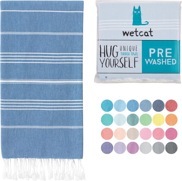 WETCAT Turkish Beach Towel Oversized (38"x71") 100% Turkish Cotton, Made in Turkey - Sand Free, Extra Large, Ultra Soft, Quick Drying, Compact & Lightweight for Travel - Blue