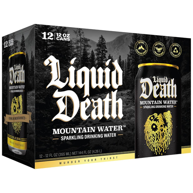 Liquid Death, Sparkling Mountain Water, 12-Pack (12oz Cans), Real Mountain Source, Infinitely Recyclable Ice-Cold Cans, American Made