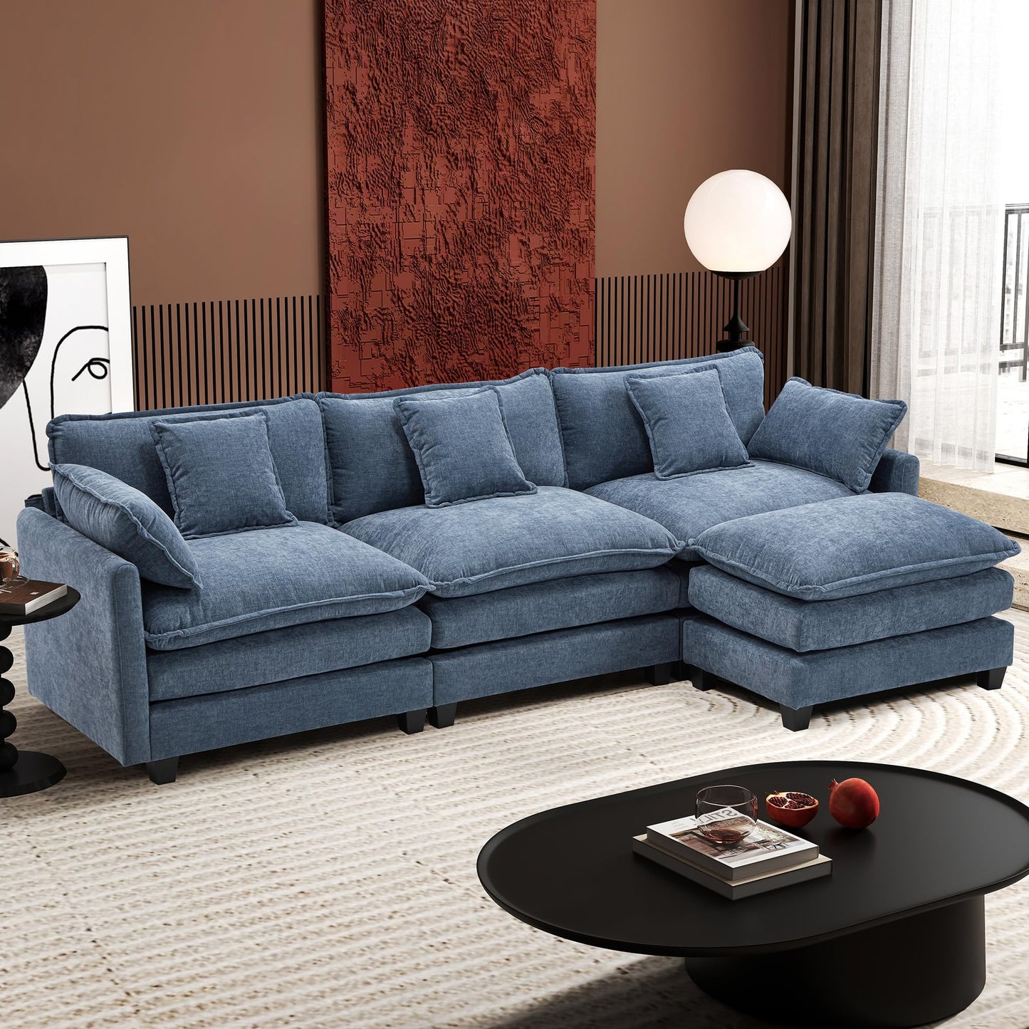 Ihanherry 146" U-Shaped Modern Sofa Modular Sectional Cloud Couch with 2 Ottoman, 6-Seat Chenille Deep Seat Sofa with 6 Pillows for Living Room, Bedroom and Apartment, Grey