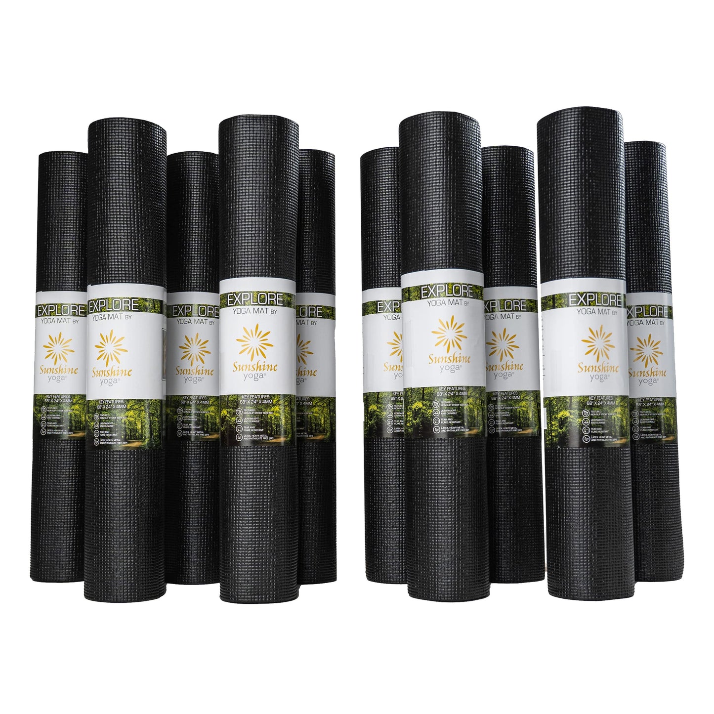 Sunshine Yoga 10-Pack Explore Yoga Mat, 68" x 24" Exercise Mat, 4mm Thick Non Slip Workout Mat, Anti-Tear Gym Mat, Bulk Yoga Mats for Home Workout or Studio