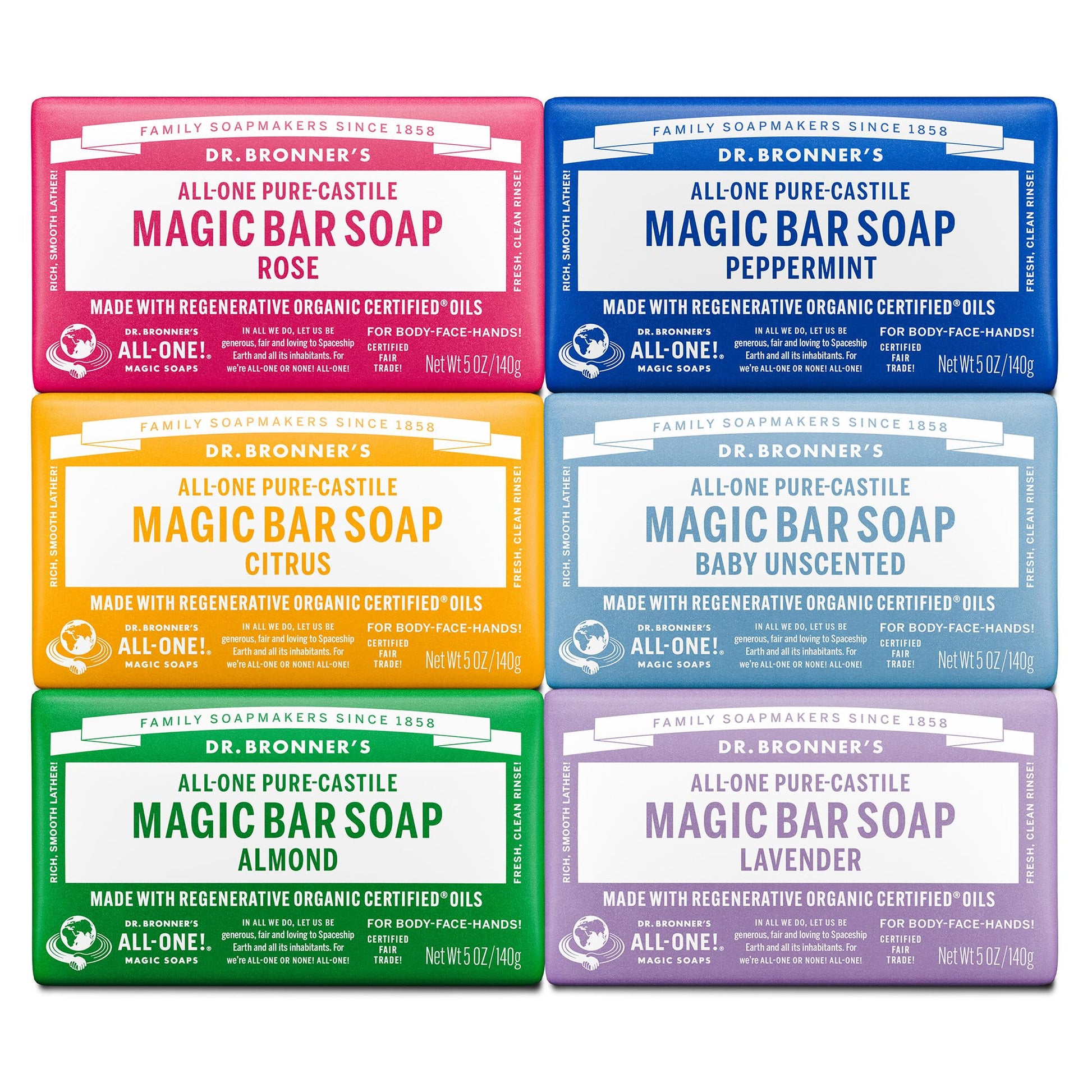 Dr. Bronner's Pure-Castile Magic Bar Soap- Made with Regenerative Organic Certified Oils- For Face, Body, Hair, Vegan Soap Bars for Men & Women- Variety 3-Pack, Peppermint Lavender, Unscented