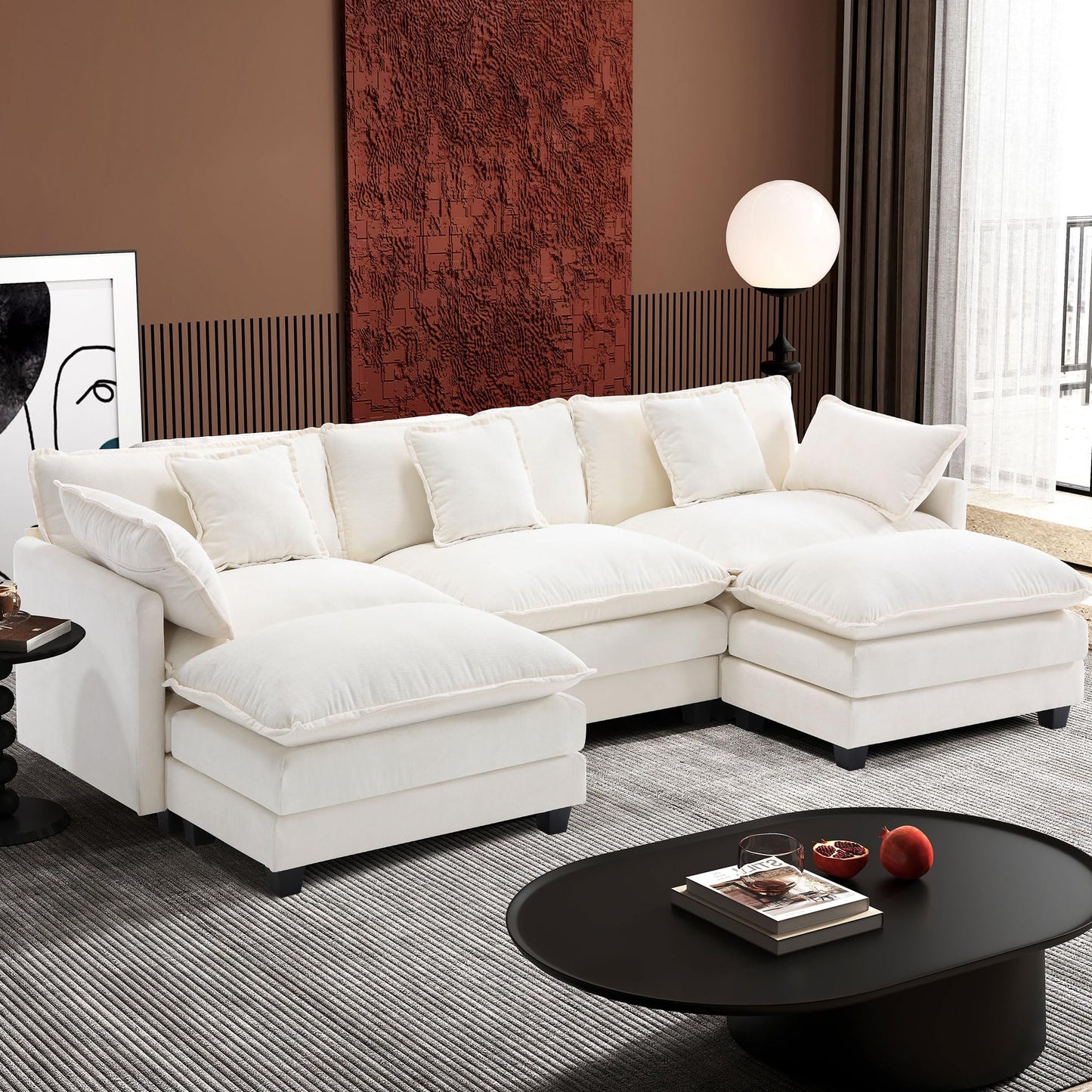 Ihanherry 146" U-Shaped Modern Sofa Modular Sectional Cloud Couch with 2 Ottoman, 6-Seat Chenille Deep Seat Sofa with 6 Pillows for Living Room, Bedroom and Apartment, Grey