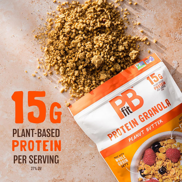 PBfit Peanut Butter Protein Granola, 15g Plant-Based Protein 22% DV, Made with Whole Grain Oats and Chia Seeds, Gluten Free, for Protein Snacks Cereals Breakfast Yogurt, 32 Oz Bag
