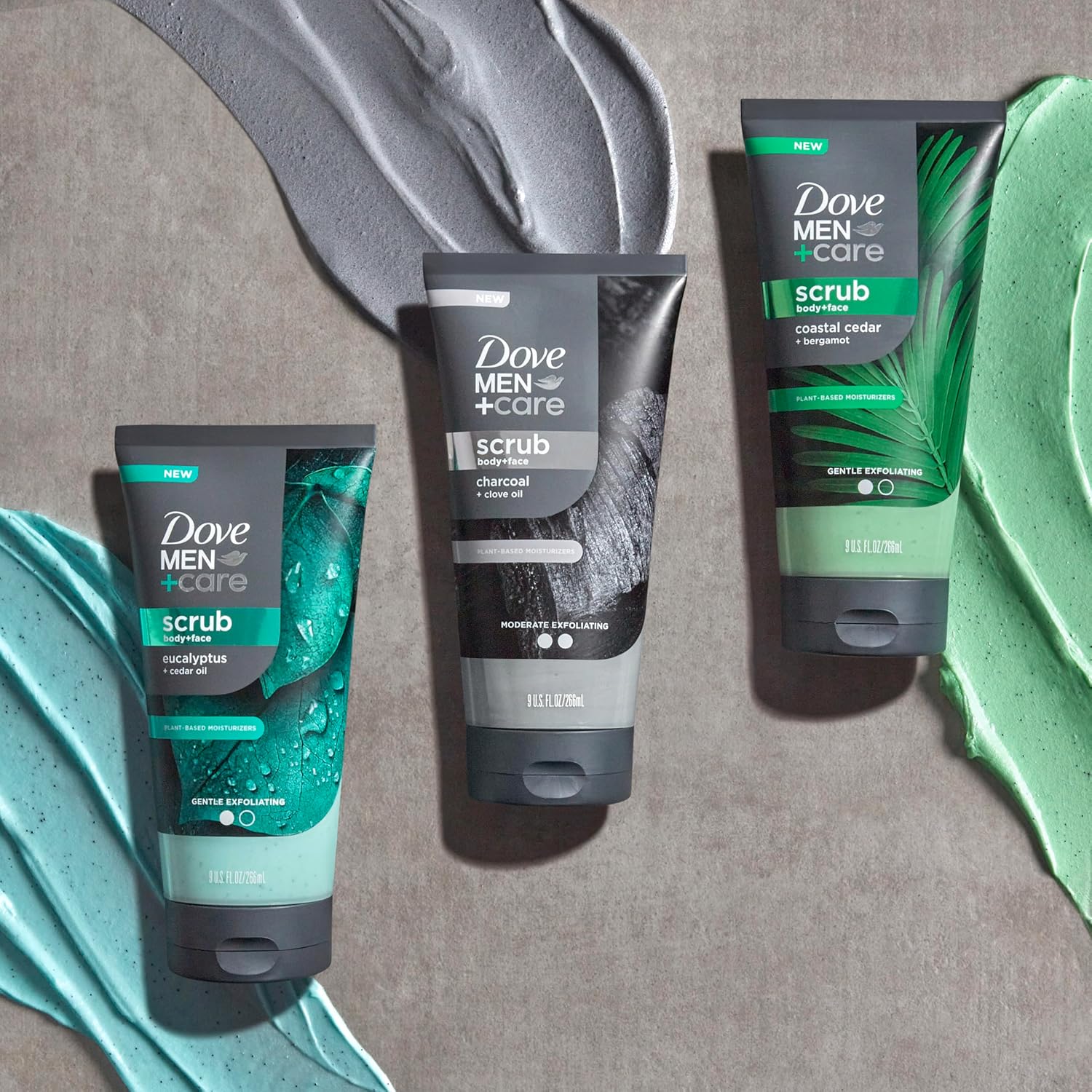 DOVE MEN + CARE Body and Face Scrub Eucalyptus Deeply Exfoliates for Hydrated & Nourished Skin 100% Gentle Cleanser, No Sulfate Cleansers or Parabens 9 oz
