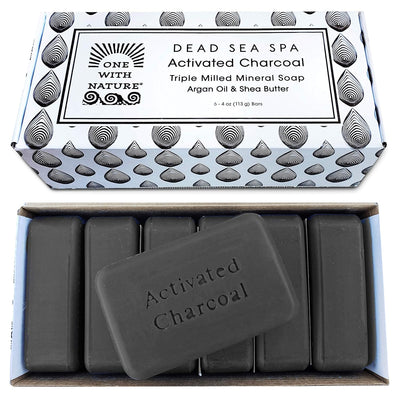 One With Nature Activated Charcoal Soap 4oz 6-Pack Gift Box – Detoxifying and Exfoliating Charcoal Soap Bar with Dead Sea Salt for Face & Body, for Men & Women