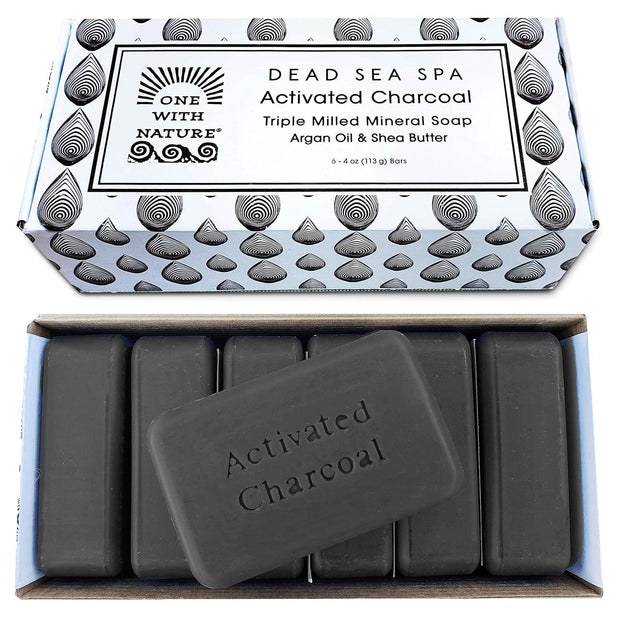 One With Nature Activated Charcoal Soap 4oz 6-Pack Gift Box – Detoxifying and Exfoliating Charcoal Soap Bar with Dead Sea Salt for Face & Body, for Men & Women