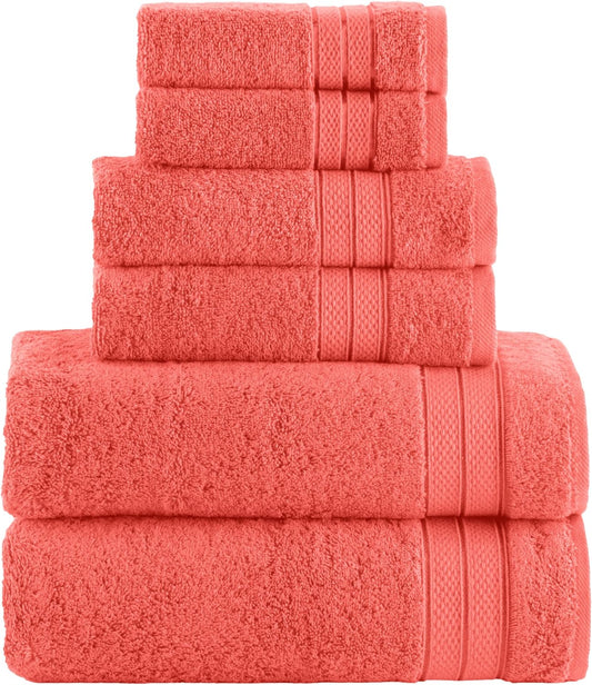 Elegant Comfort Luxury 6-Piece Towel Set, Premium Soft 100% Turkish Cotton, Three Line Popcorn Design 2 Bath Towels, 2 Hand Towels and 2 Washcloths Towel Set - Quick-Drying and Absorbent, Coral