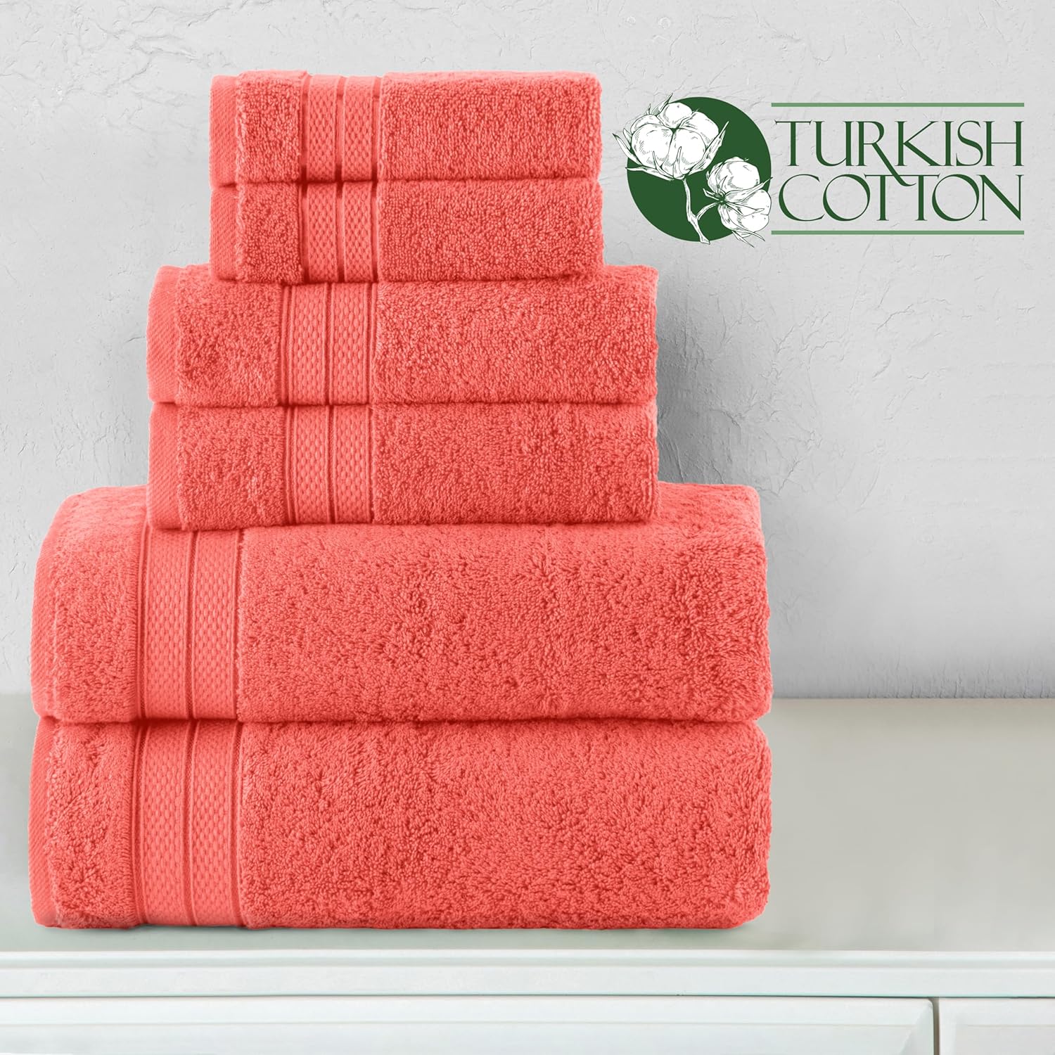 Elegant Comfort Luxury 6-Piece Towel Set, Premium Soft 100% Turkish Cotton, Three Line Popcorn Design 2 Bath Towels, 2 Hand Towels and 2 Washcloths Towel Set - Quick-Drying and Absorbent, Coral