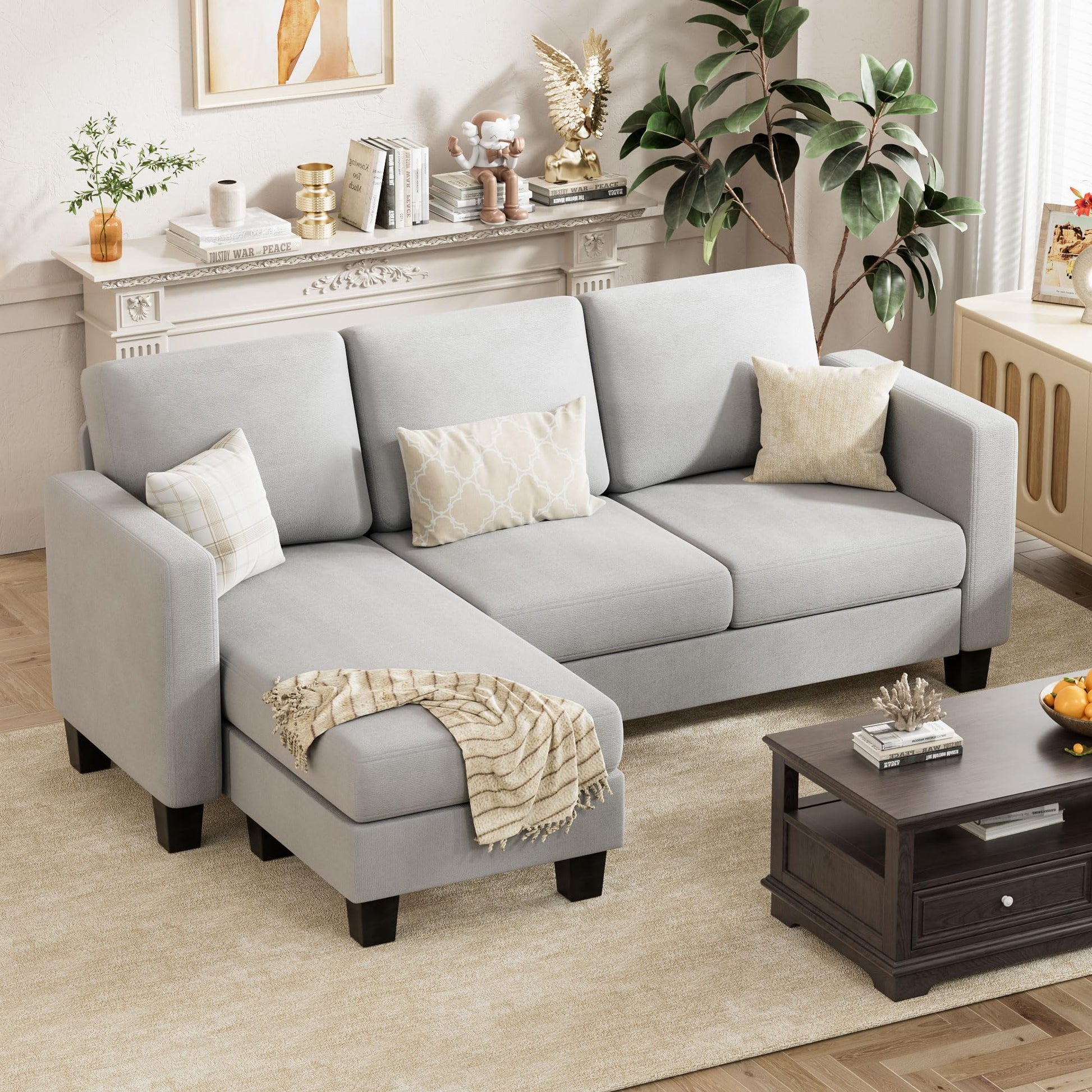 VICTONE Convertible Sectional Sofa Couch, 3 Seat L-Shaped Sofa with Linen Fabric Ottoman Small Couch for Small Apartments, Living Room and Office (Linen Fabric, Dark Gray)