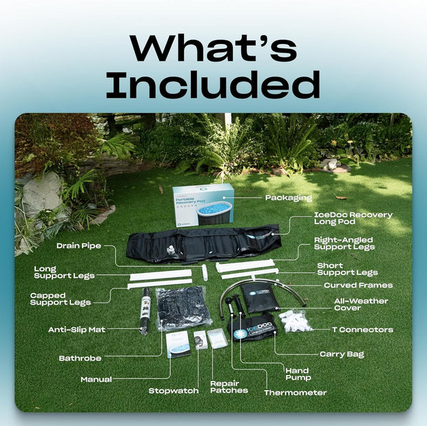 Recovery Long Pod XXL, Cold Plunge Ice Bath Tub for Athletes and Adults, Inflatable Cold Therapy Ice Barrel with Protective Lid Cover, Hooded Bathrobe, Stopwatch, Anti-Slip Mat