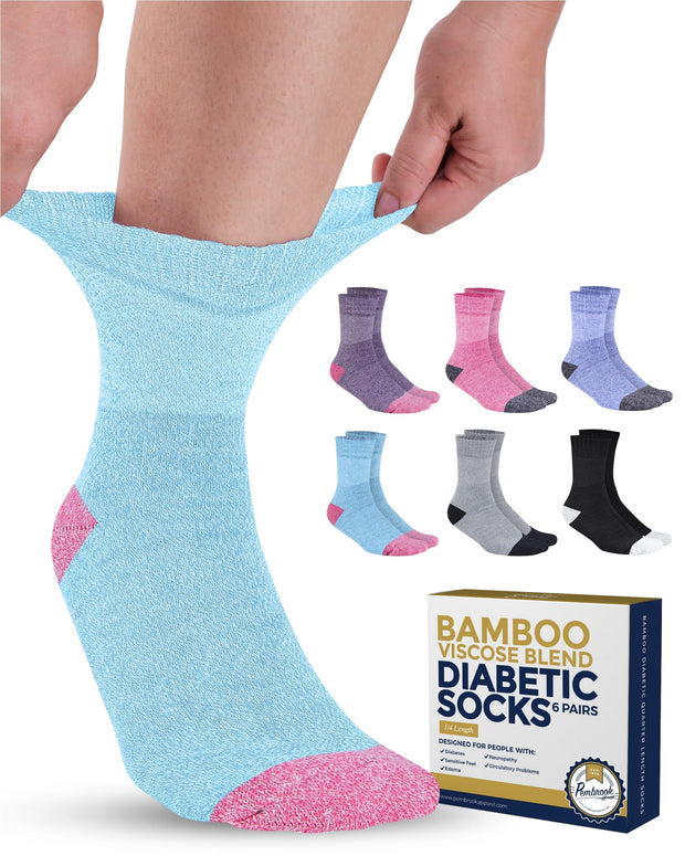 Pembrook Bamboo Viscose Diabetic Socks for Women & Men - 6 Pairs Ankle Socks for Swollen Feet | Neuropathy Socks | Edema Neuropathy Socks for Women | Diabetic Socks Women 9-12