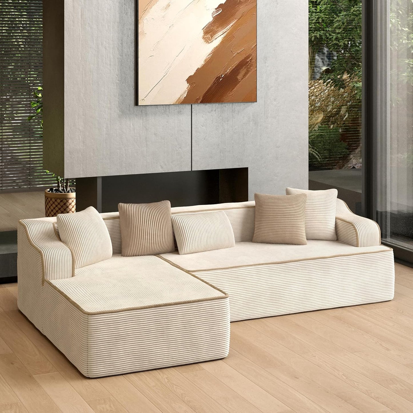 HERA'S HOUSE 104" Sofa with Chaise, L-Shaped Modern Modular Cloud Couch, Corduroy Fabric Plush Deep Seating with 5 Pillows, No Assembly Required Upholstered Living Room Furniture for Apartments