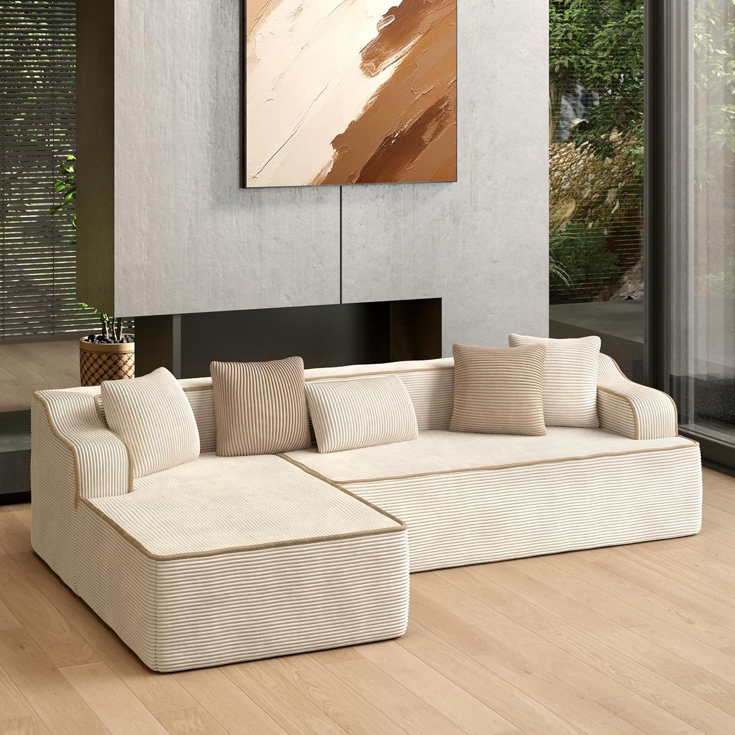 HERA'S HOUSE 104" Sofa with Chaise, L-Shaped Modern Modular Cloud Couch, Corduroy Fabric Plush Deep Seating with 5 Pillows, No Assembly Required Upholstered Living Room Furniture for Apartments