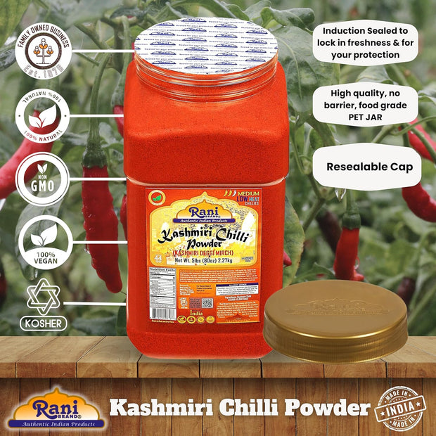 Rani Kashmiri Chilli Powder (Deggi Mirch, Low Heat) Ground Indian Spice 16oz (1lb) 454g PET Jar ~ All Natural | Salt-Free | Vegan | Kosher | Gluten Friendly