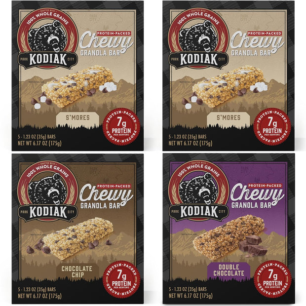 Kodiak Cakes Chewy Granola Protein Snack Bars Variety Pack, S'mores, Chocolate Chip, Double Chocolate, High Protein, 100% Whole Grains, Pack of 4 (20 bars total)