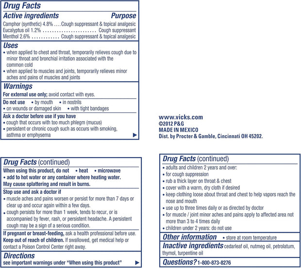 Vicks VapoRub, Original, Cough Suppressant, Topical Chest Rub & Analgesic Ointment, Medicated Vicks Vapors, Relief from Cough Due to Cold, Aches & Pains, 1.76oz each (pack of 3)