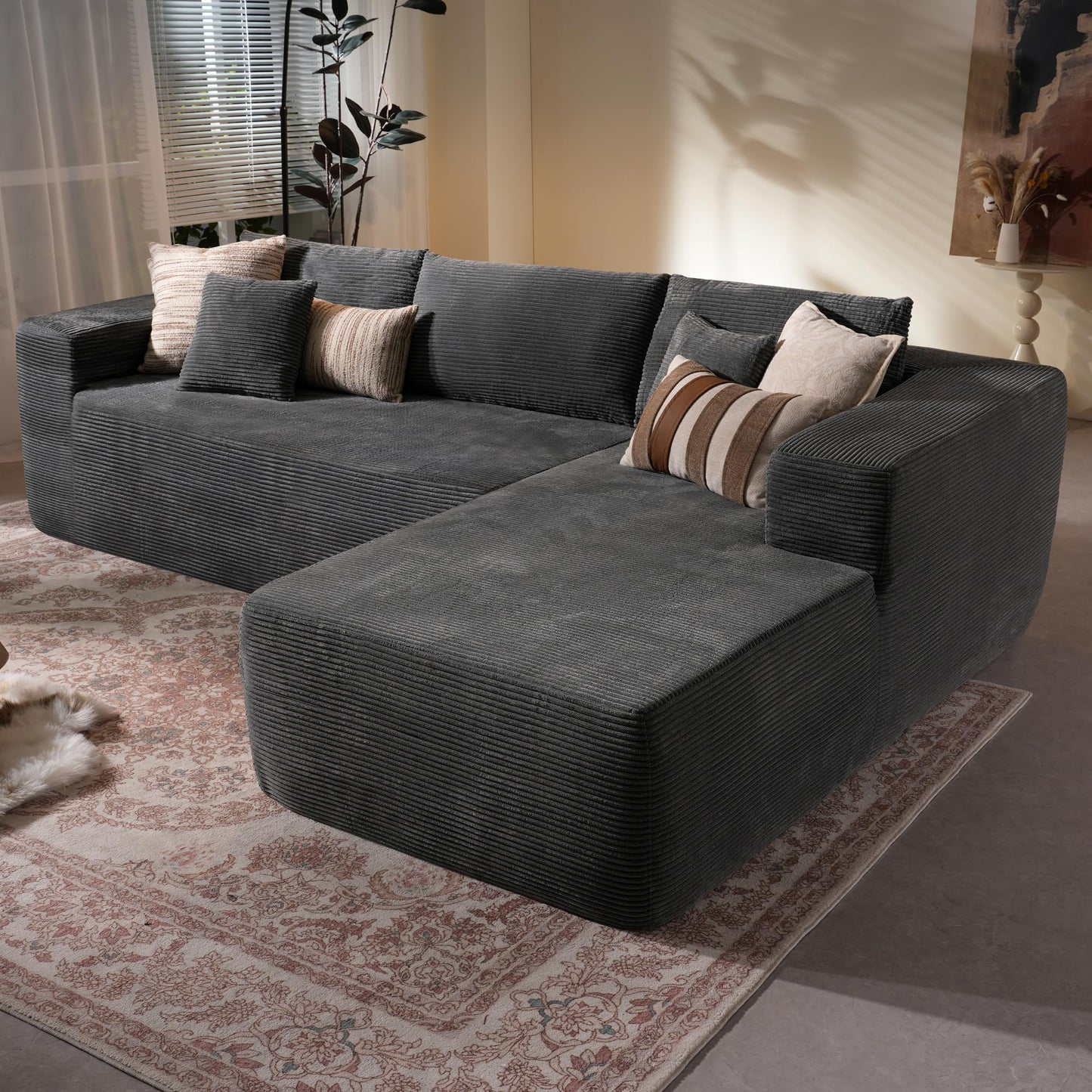 114" Boneless Couches for Living Room, Brown Faux Leather Cloud Sectional Couches with Chaise, Deep Seat L Shaped Modular Sofa, No Assembly Required Sofas in a Box (Right,Faux Leather,Brown)