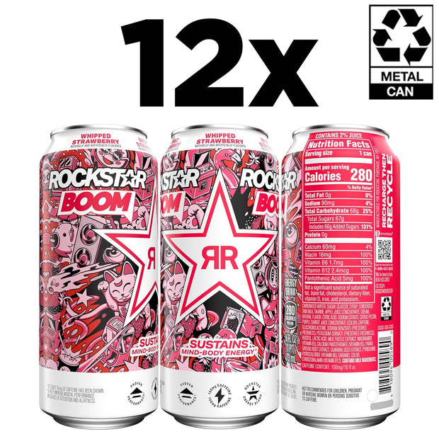 Rockstar, Boom Energy Drink with Caffeine and Taurine Packaging May Vary, Whipped Strawberry, 16 Fl Oz (Pack of 12)