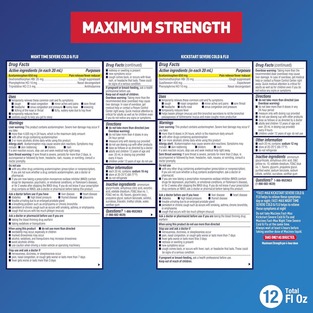 Mucinex Maximum Strength Fast-Max Cold & Flu and Nightshift, All-in-One Multi Symptom Relief Liquid, 6 Fl Oz - 2 Count (Pack of 1)