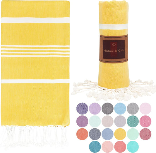 Beach Towel 100% Cotton Turkish Beach Towel Adult 38x70 Inch Pre-washed Absorbent Extra Large|Sand Free Quick Dry BathTowels|Lightweight Blanket|Travel Cruise Camping Spa Gym Yoga Sports Towel|Yellow