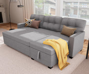Reversible Sectional Sofa Couch, Sleeper Sofa Bed with Storage Chaise Pull Out Couch for Living Room | Hidden Stroge | Pull Out Bed | Removable Backrest | Linen Fabric, Beige