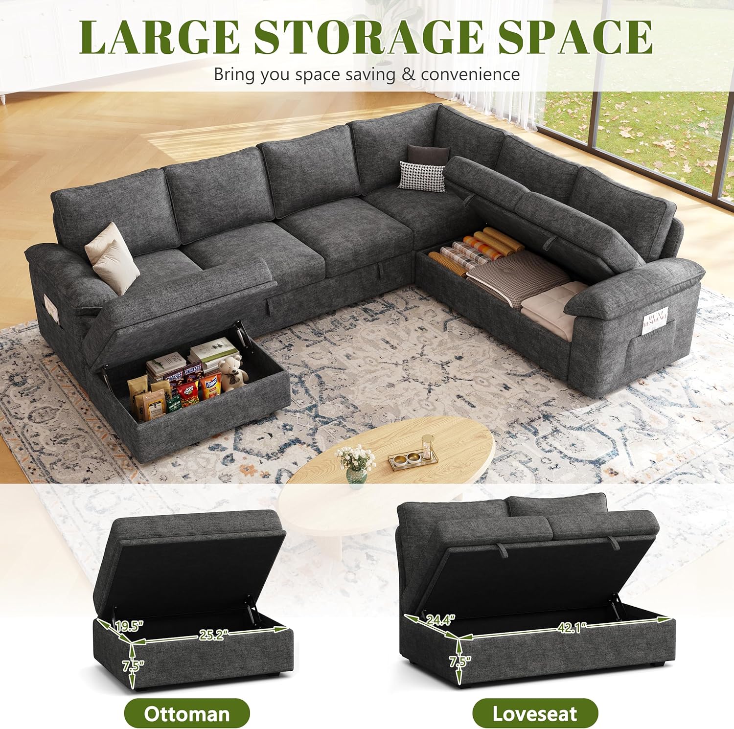 108 Inch Sectional Sleeper Sofa with Pull Out Bed, U Shaped 7 Seat Modular Sectional Sofa with Storage, Sectional Couches for Living Room, Cloud Modular Couch, Removable Sofa Cover, Dark Grey