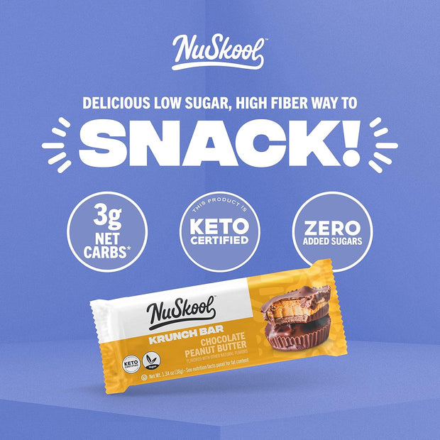 NuSkool Snacks Chocolate Peanut Butter Keto Friendly Protein Krunch Bars (12 Pack) - 7g Fiber, 10g Clean Plant-Based Protein, 3g Net Carbs - Gluten-Free, Non-GMO, Vegan, Low Carb Keto Healthy Breakfast Snack