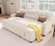 Reversible Sectional Sofa Couch, Sleeper Sofa Bed with Storage Chaise Pull Out Couch for Living Room | Hidden Stroge | Pull Out Bed | Removable Backrest | Linen Fabric, Beige