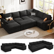 108 Inch Sectional Sleeper Sofa with Pull Out Bed, U Shaped 7 Seat Modular Sectional Sofa with Storage, Sectional Couches for Living Room, Cloud Modular Couch, Removable Sofa Cover, Dark Grey