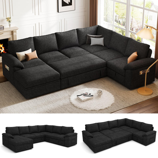 108 Inch Sectional Sleeper Sofa with Pull Out Bed, U Shaped 7 Seat Modular Sectional Sofa with Storage, Sectional Couches for Living Room, Cloud Modular Couch, Removable Sofa Cover, Dark Grey