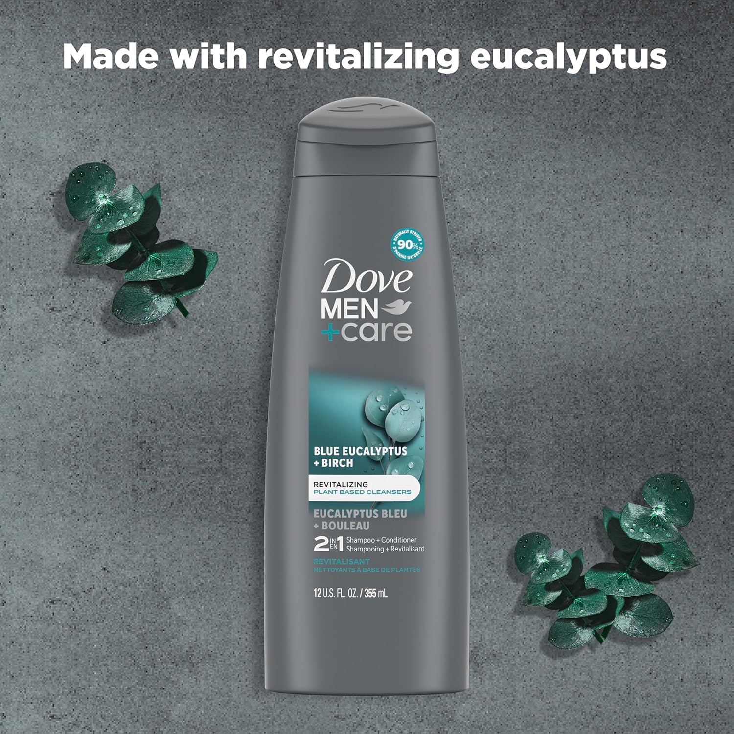 DOVE MEN + CARE 2 in 1 Shampoo & Conditioner Eucalyptus & Birch For Healthy-Looking Hair Naturally Derived Plant Based Cleansers 12 oz