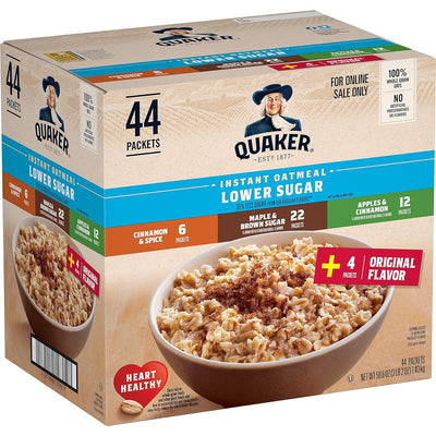 Quaker Instant Oatmeal Lower Sugar, 4 Flavor Variety Pack 44 Count (Pack of 1)