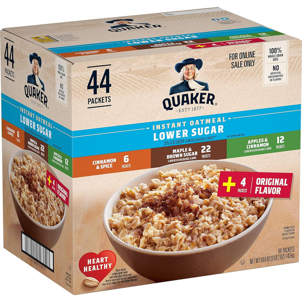 Quaker Instant Oatmeal Lower Sugar, 4 Flavor Variety Pack 44 Count (Pack of 1)