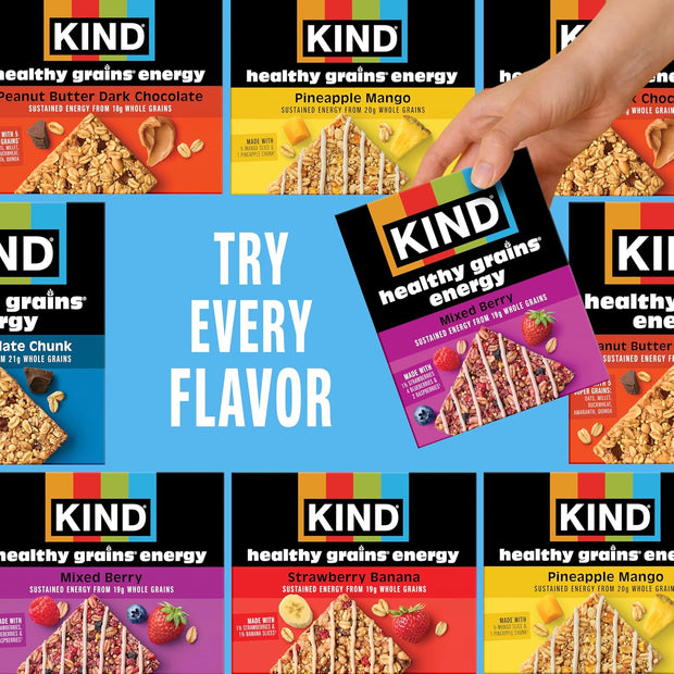 KIND Healthy Grains Energy® Bars 30ct Variety Pack, Dark Chocolate Chunk, Peanut Butter Dark Chocolate, and Mixed Berry, 18-21g Whole Grains, Made with Super Grains, Gluten Free Snacks
