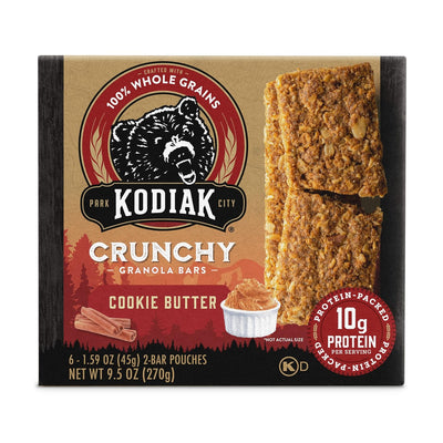 Kodiak Cakes Crunchy Granola Snack Bars, Cookie Butter, High Protein, 100% Whole Grains, 1 box with 6 pouches (12 bars)