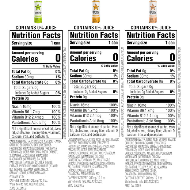 Rockstar Focus, 3 Flavor Variety Pack (White Peach, Lemon Lime, Orange Pineapple), 12 Fl Oz Cans (Pack of 12)