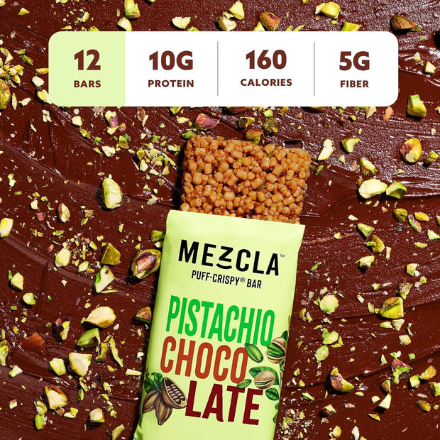 Mezcla Puff Crispy Protein Bars, Gluten Free & Vegan Protein Bars, 10g Protein, Alt for Pistachio Dubai Chocolate Bar, Granola Bars & Breakfast Bars, Healthy Snacks for Adults, Pistachio Chocolate, 12 Pack