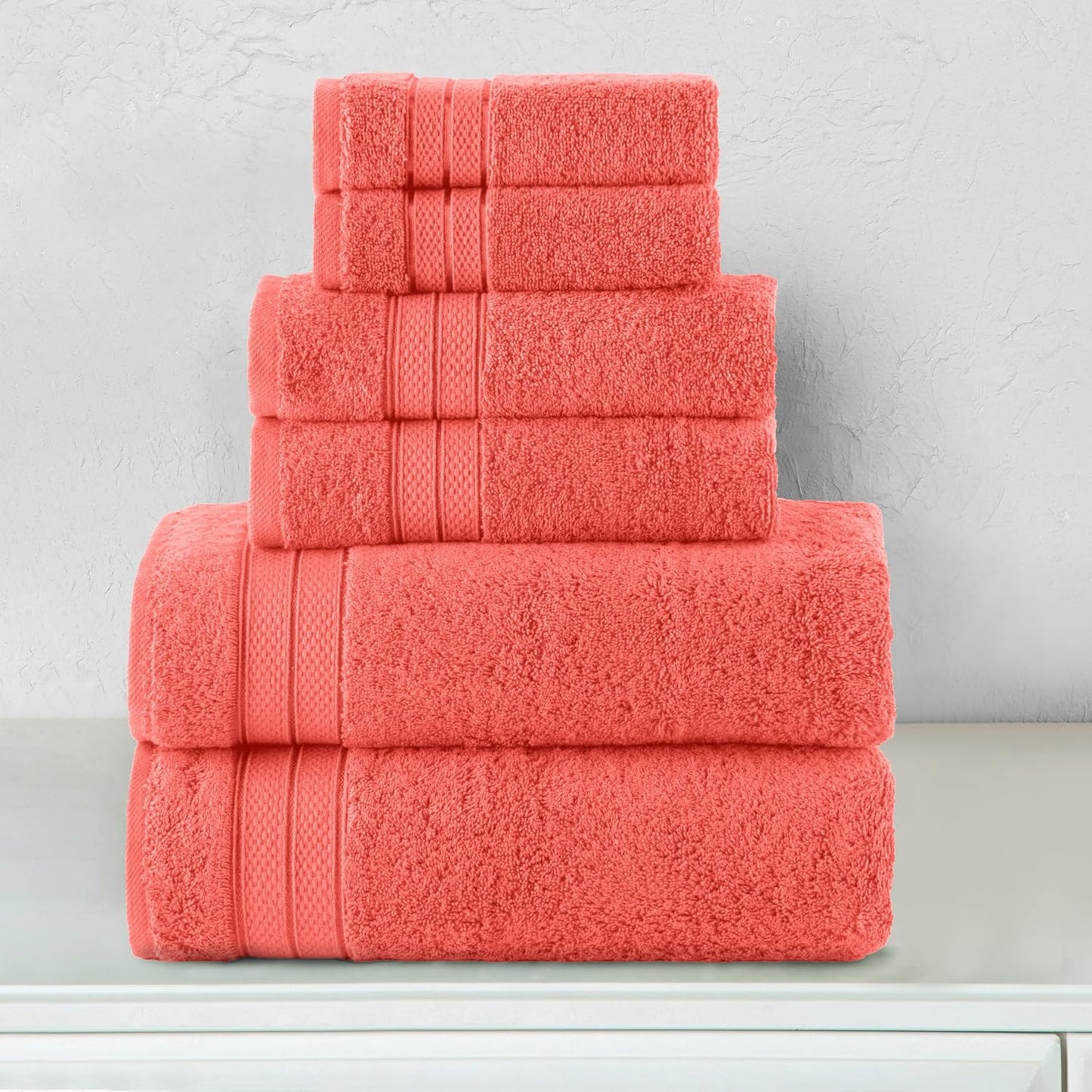 Elegant Comfort Luxury 6-Piece Towel Set, Premium Soft 100% Turkish Cotton, Three Line Popcorn Design 2 Bath Towels, 2 Hand Towels and 2 Washcloths Towel Set - Quick-Drying and Absorbent, Coral