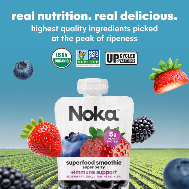 Noka Organic Superfood Smoothie Pouches – Super Berry – Immune Support with Elderberry, Vitamin C & Plant Protein, Organic Healthy Snacks for Kids & Adults, 4.22oz (12 Pack)