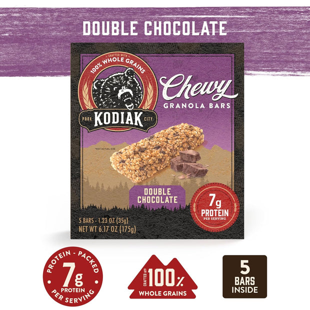 Kodiak Cakes Chewy Granola Snack Bars, Double Dark Chocolate, High Protein, 100% Whole Grains, 12 boxes with 5 bars each (60 bars total)